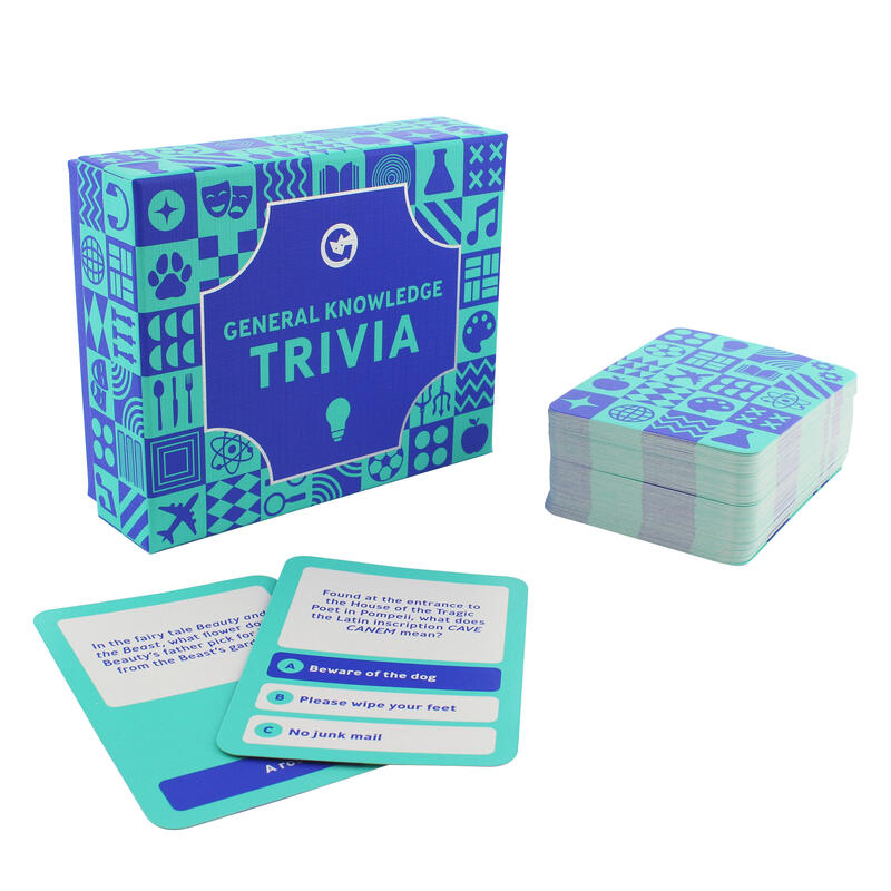 ginger fox angled general knowledge trivia box with card contents in front