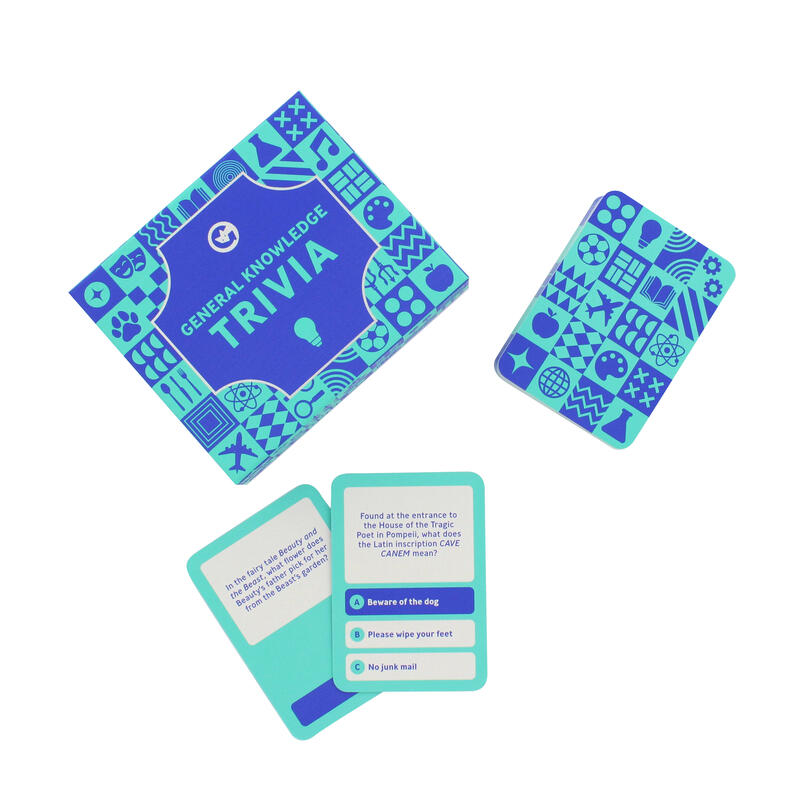 blue general knowledge trivia game box with trivia question cards in front