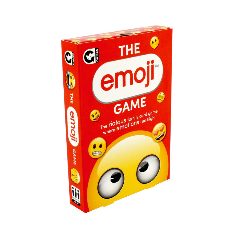 angled emoji card game box on a white background