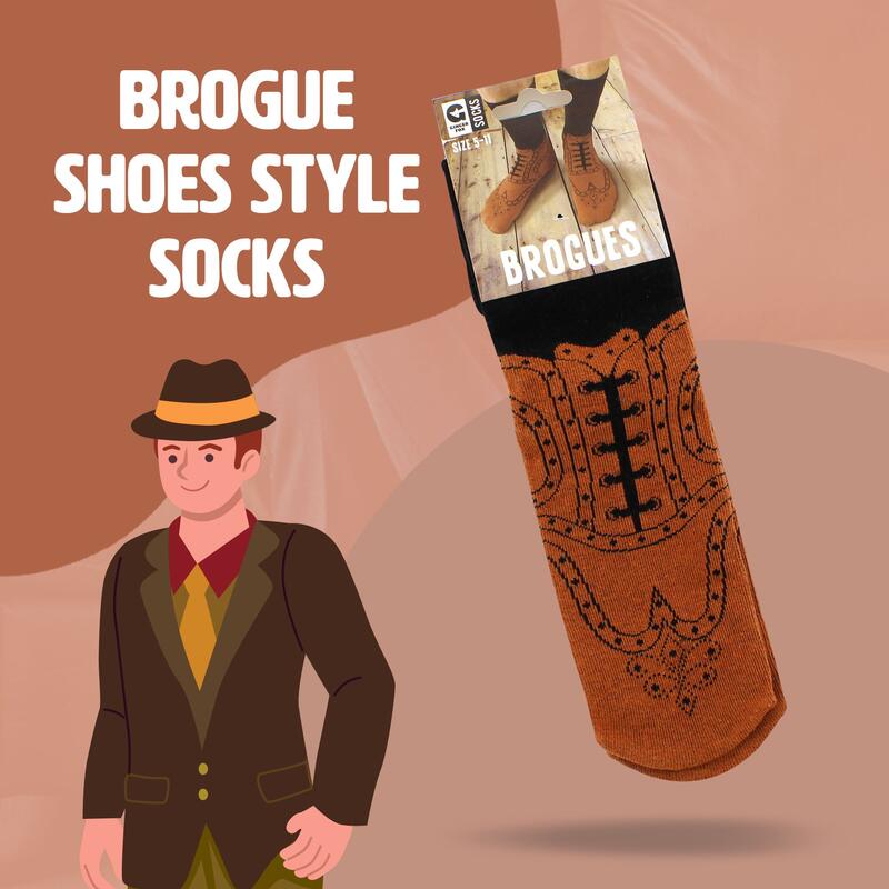 Ginger Fox brogue socks on a brown background with cartoon