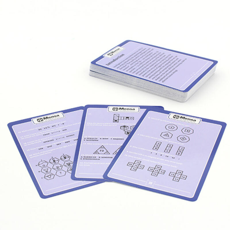 Mensa IQ Challenge quiz cards stack with three laid flat on white background