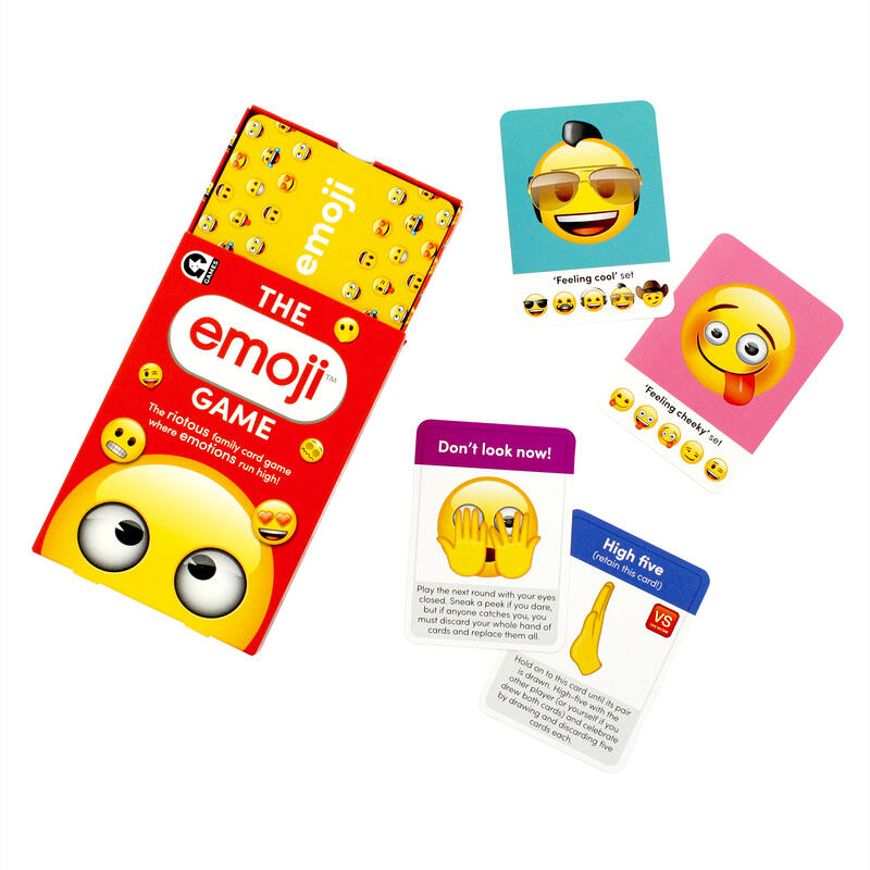 emoji box open with four emoji playing cards on a white background