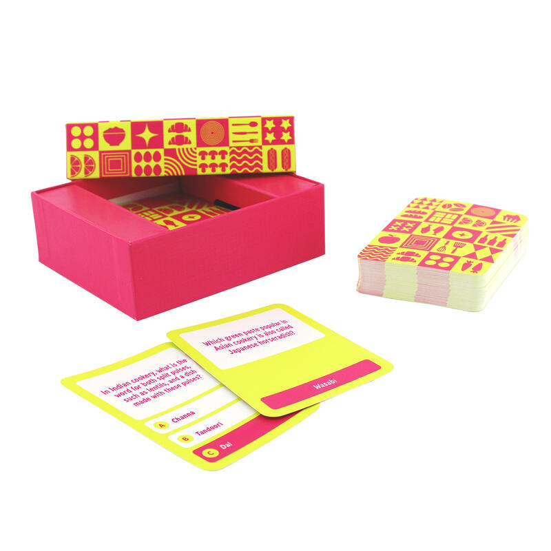 open food and drink trivia box with a few trivia question cards in front on a white background