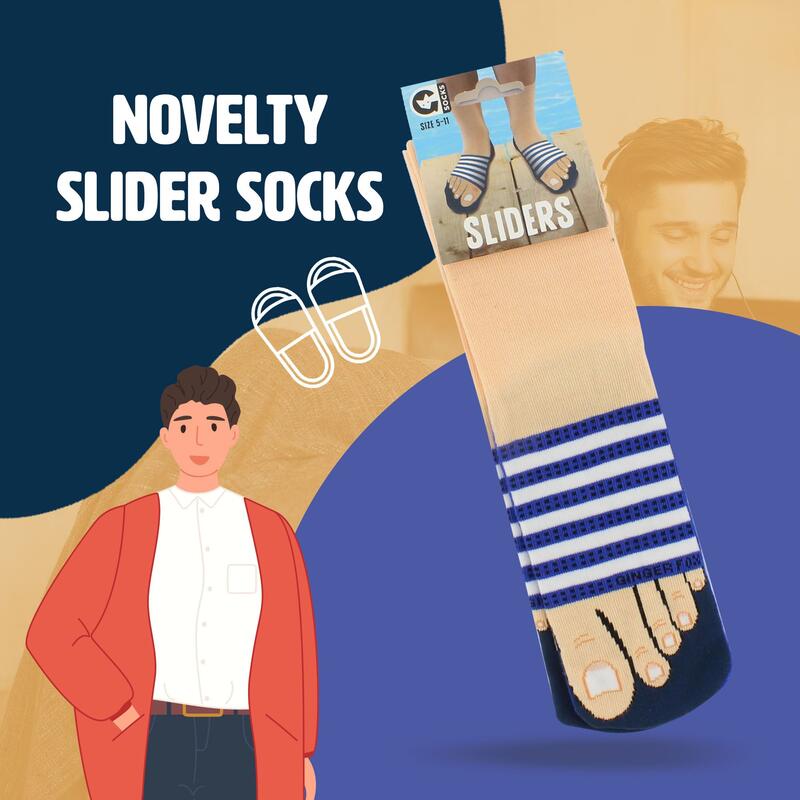 Ginger Fox slider socks on a blue and brown background with cartoon