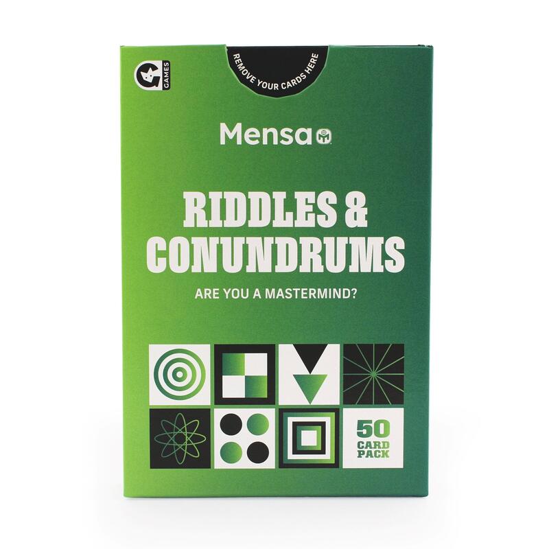 front facing box image of official mensa riddles and conundrums trivia challenge card game