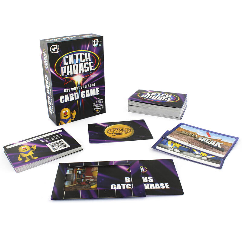 Catchphrase card game box stood up, angled, with cards displayed on white background