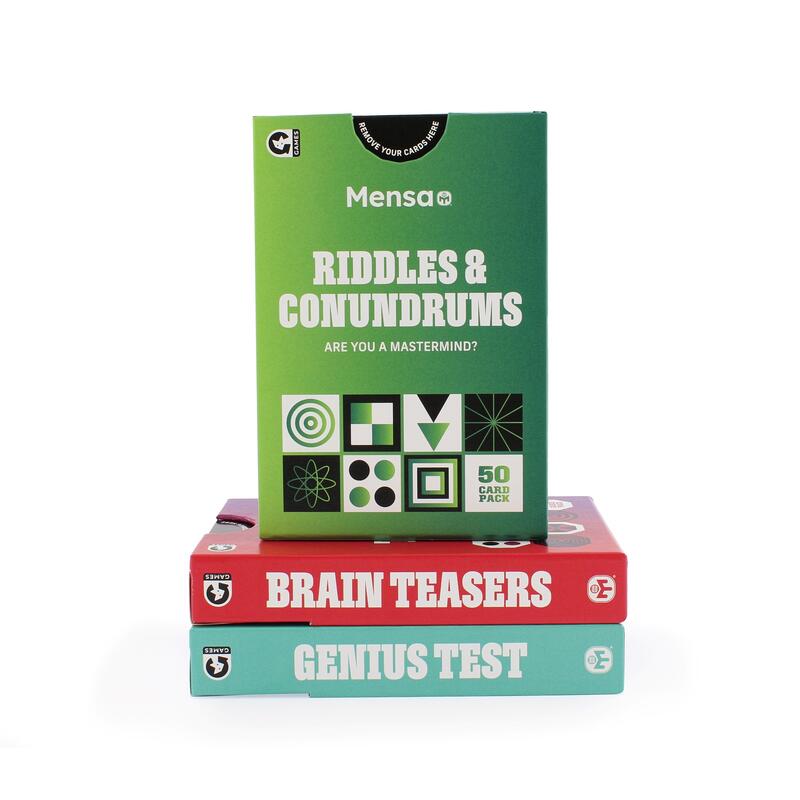 group image of the official mensa card games with the riddles and conundrums game on top