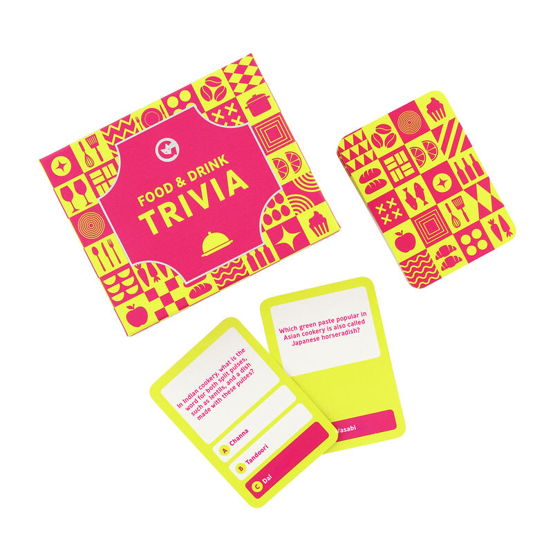 closed food and drink trivia box with trivia questions on a white background