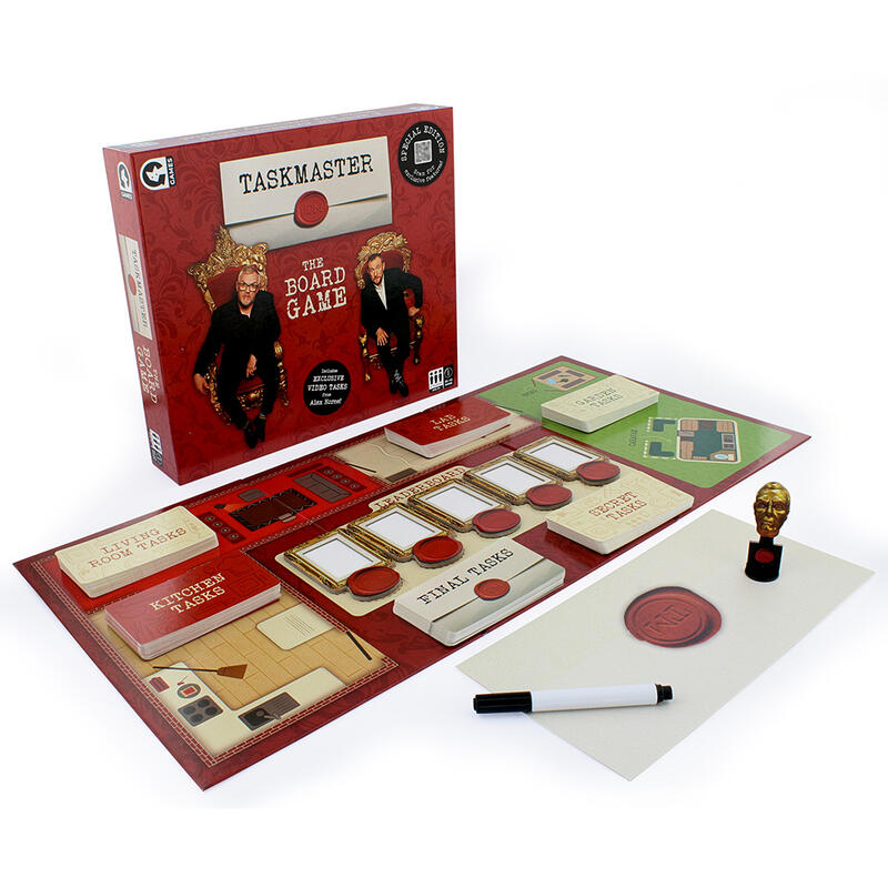 Official Taskmaster board game, open box and contents lying in front