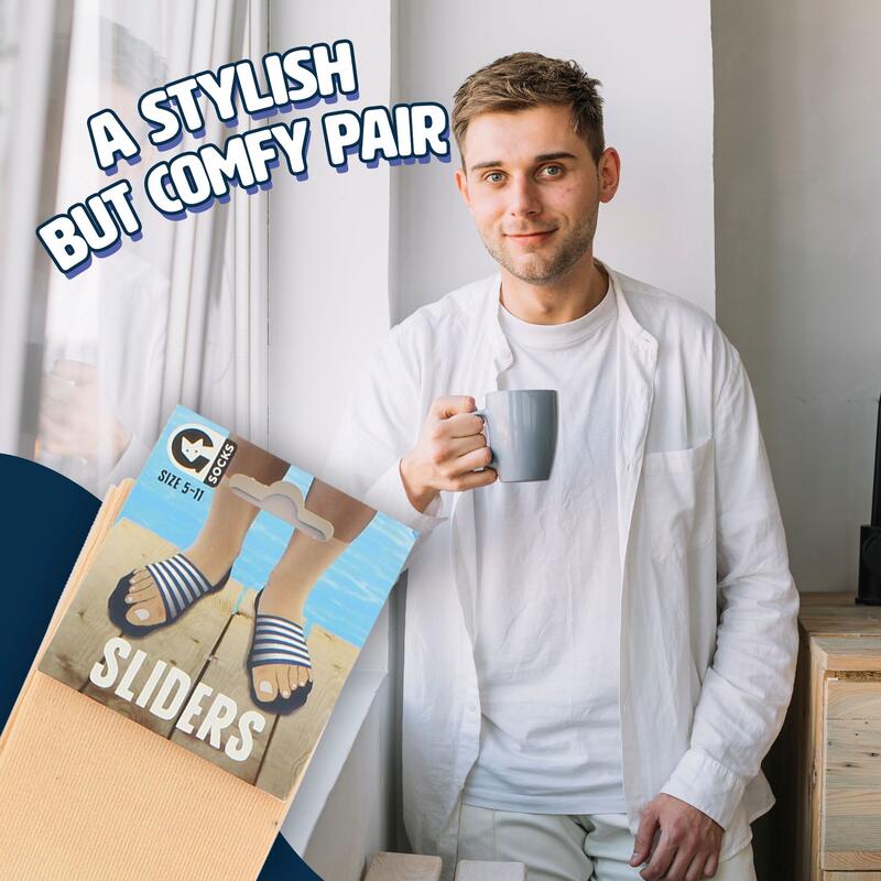 Lifestyle image of a man in room with slider socks in the bottom left corner