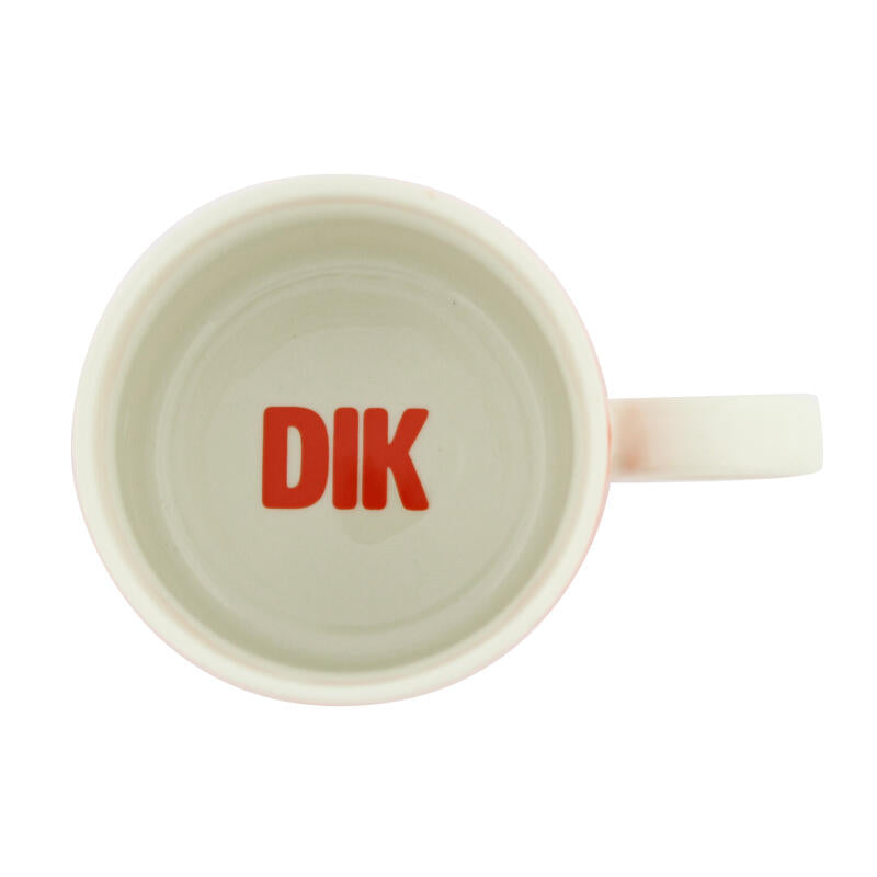 Birdseye view of the dont be a dik dik mug showing hidden message dik at the bottom