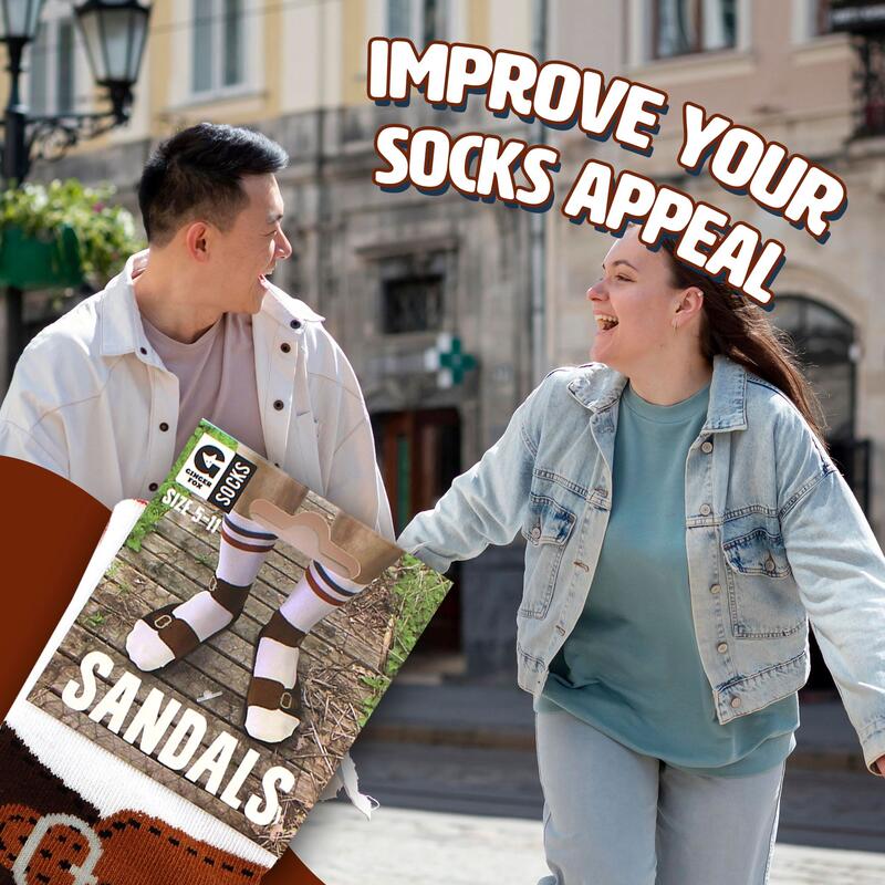 Lifestyle image of a couple walking around with sandal socks in the left corner