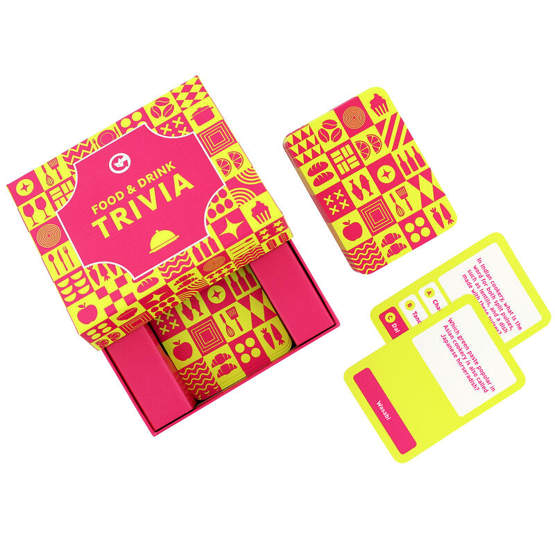 open food and drink trivia box with a few trivia question cards in front