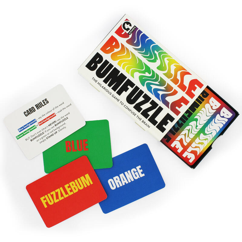 Bumfuzzle card game box and contents lying flat on white background