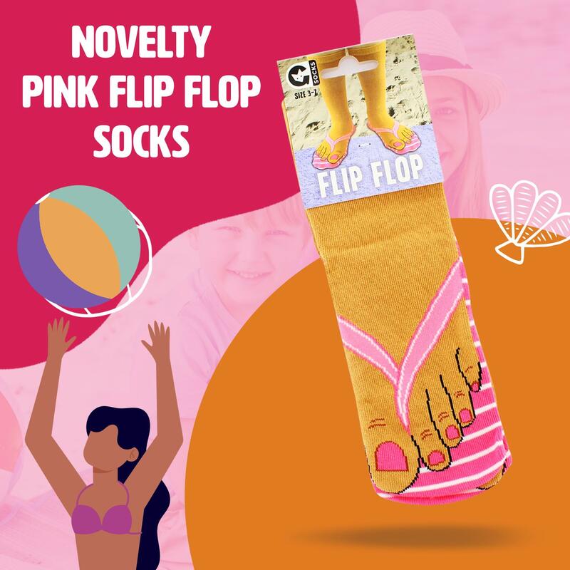 Ginger Fox pink flip flop socks on a pink background with cartoon