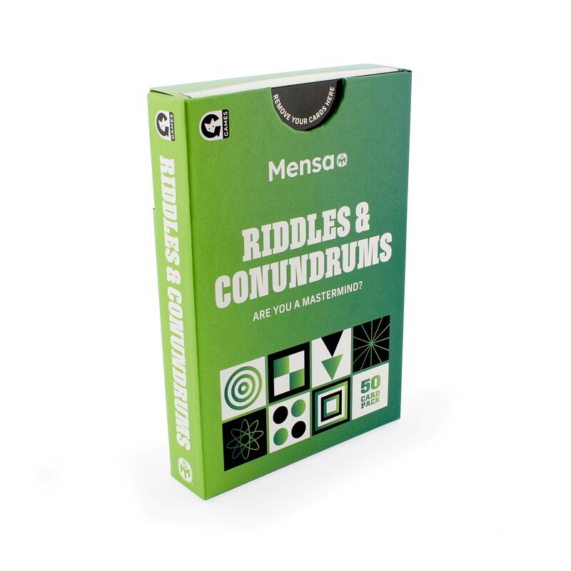 angled box image of official mensa riddles and conundrums trivia challenge card game